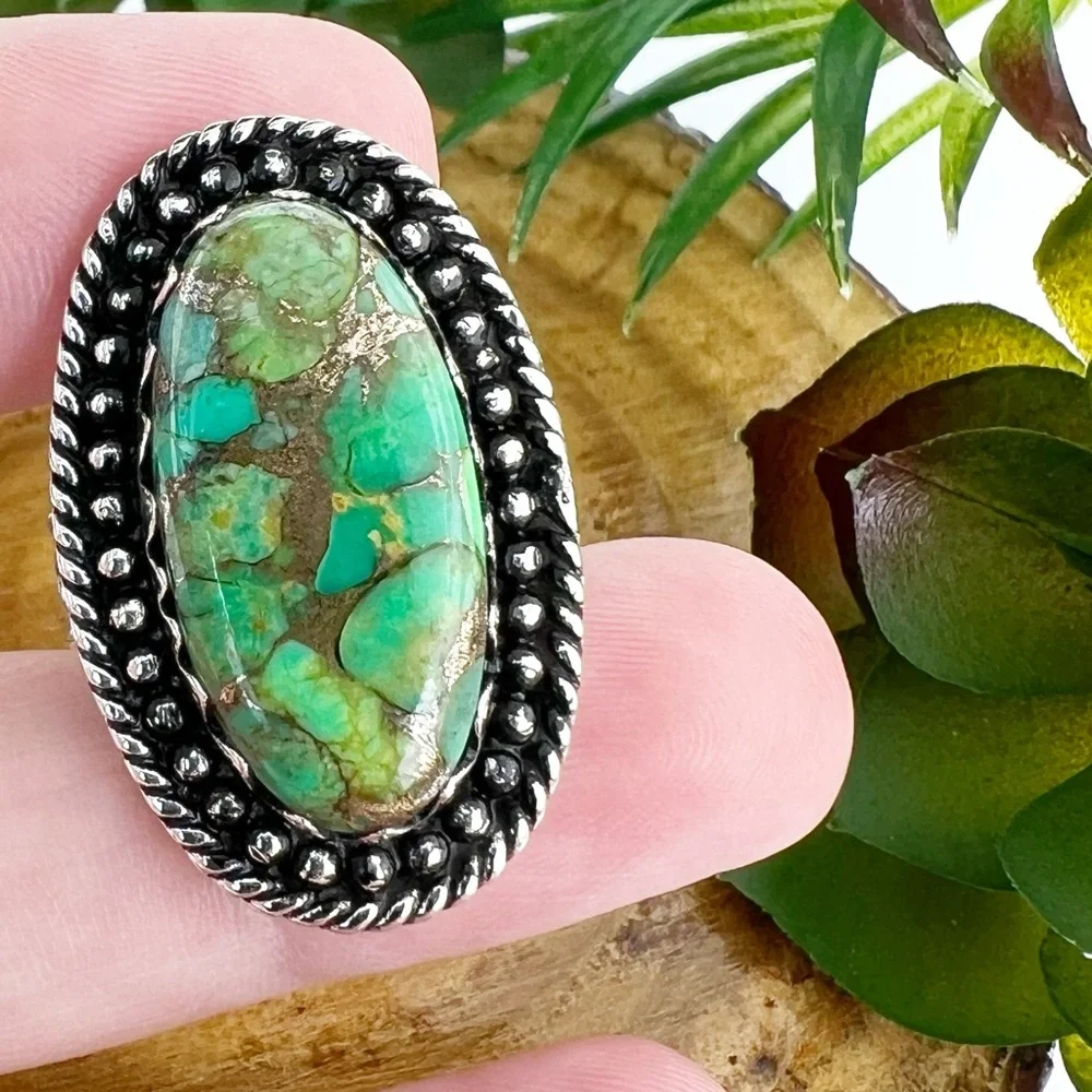 Big Genuine Green Copper Turquoise Ring Size 10 Solid Sterling Native Southwest - Picture 3 of 9